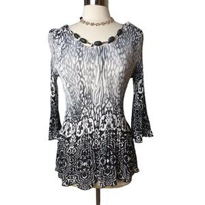Women's Blouse Black White Large Dressy Beaded Yoke 3/4 Sleeve Top NWT